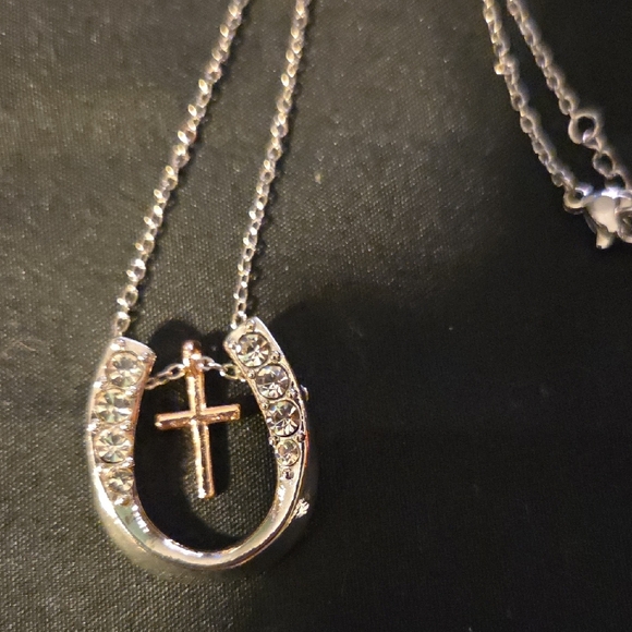 Silver Horseshoe Necklace with RoseGold Cross Pendant - Picture 2 of 5
